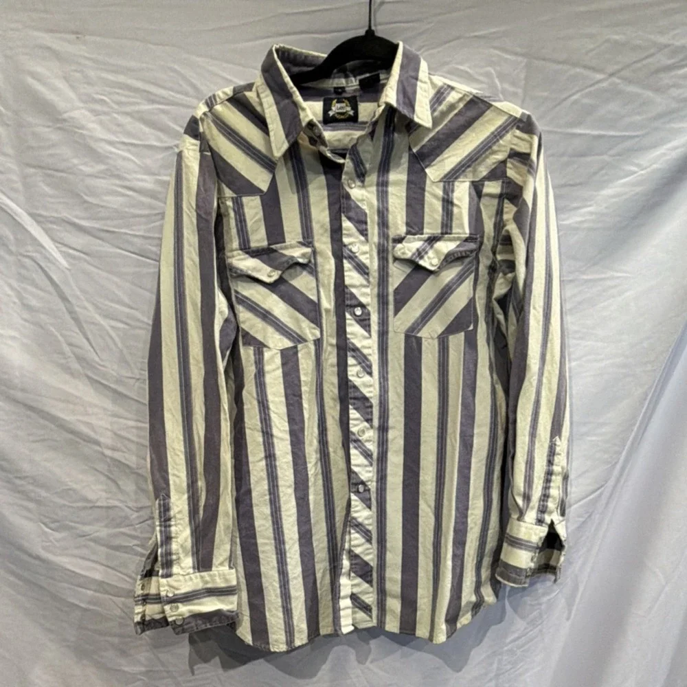 Vintage Lee Cotton Striped Purple White Button - Picture 1 of 6
